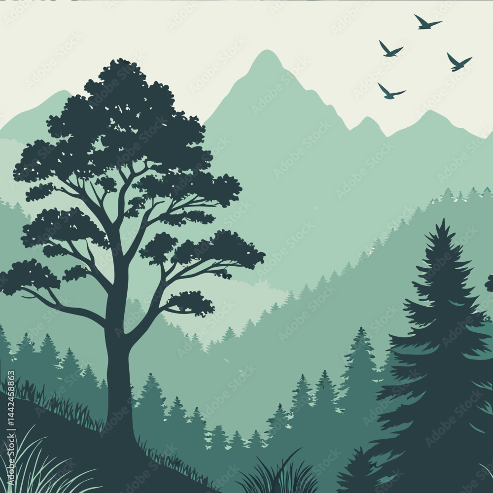 Poster seamless vector pattern of trees and mountains in green hues