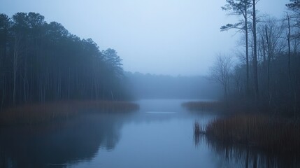 Fototapeta premium A serene misty lake surrounded by dark trees and vegetation