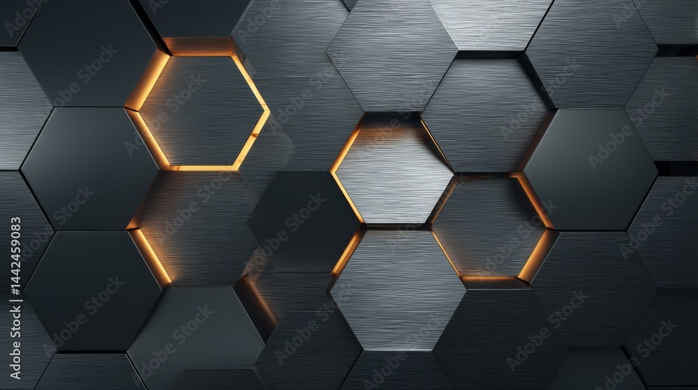 Poster a silver wall is formed by arranging polished tiles, with a 3d background consisting of hexagonal, l