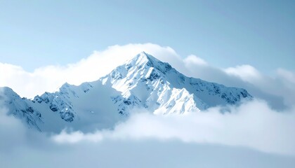 Fototapeta premium Lonely snow-capped summit piercing through thick clouds, ice-coated ridges gleaming under pale sunlight, vast frozen wilderness