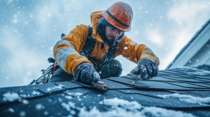 Roofing repair in winter. Worker fixes damaged shingles on snowy rooftop