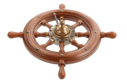 Wooden Ship's Wheel With Metal Accents On Transparent Background