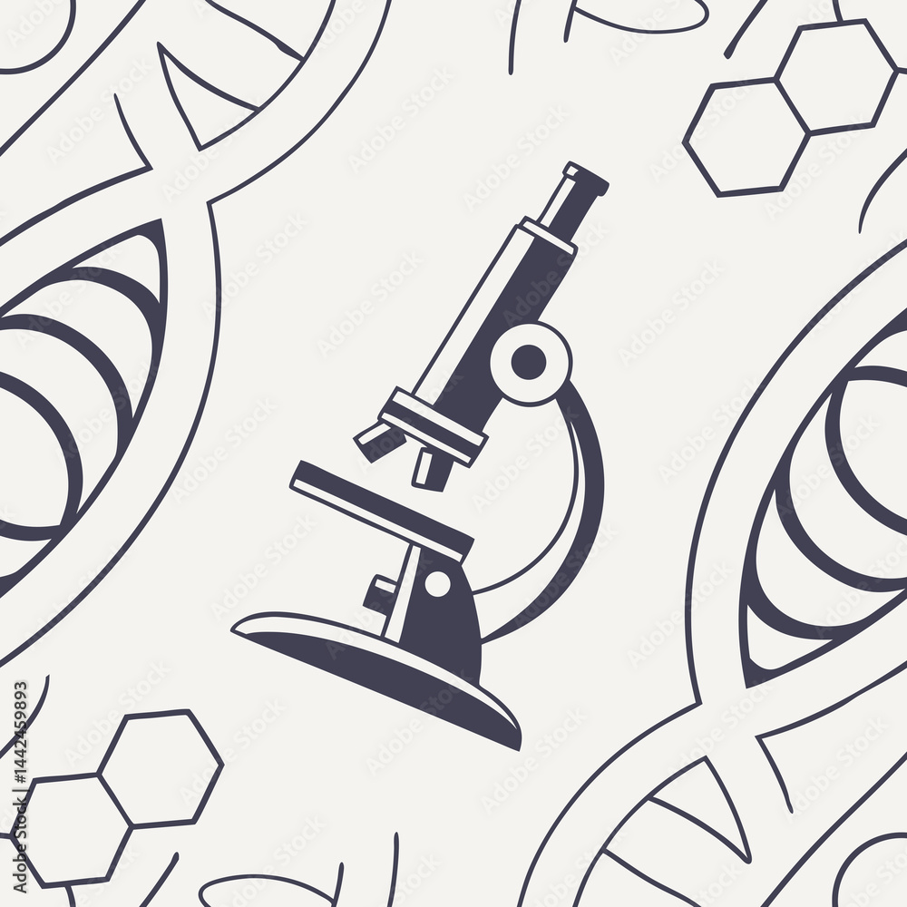 Poster seamless vector pattern with microscope and molecular structures