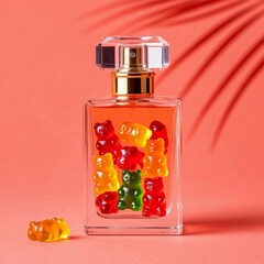 A creative collage of a fragrance bottle with caramel bears inside, surrounded by a delicate coral background.