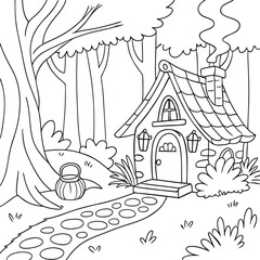 whimsical fairy house in the forest landscape coloring page