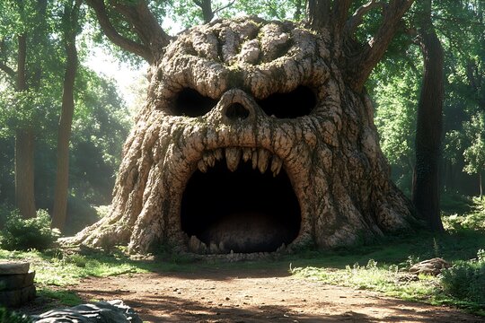 A large, menacing, tree-formed cave entrance in a forest. - Powered by Adobe