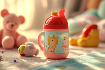 Pink sippy cup with animal print, soft toys and blankets in the background