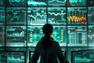 AI-based sentiment analysis on social media and financial news for stock market predictions, data visualized on a futuristic interface