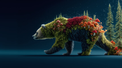 Generative AI fantasy bear with mushrooms and moss growing on back walking in magical forest, hybrid animal nature concept illustration