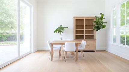 Modern, light-filled dining room with light wood furniture and a sleek design