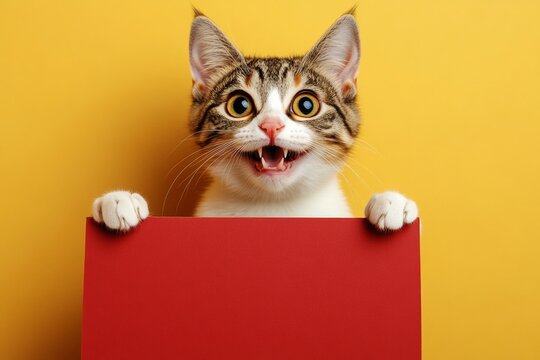 Isolated cat on a solid clothing yellow background. Poster of cute cat. Cute cat mockup. Cat ad template. Ð¡ute adult cat turkish van hold in front paws a design draft - large red boulevard sign.