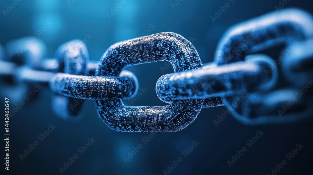 Poster macro photograph of a linked digital chain on a dark blue background