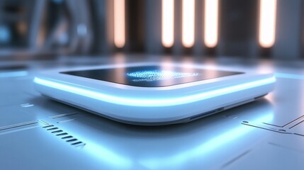 Futuristic, glowing, square device