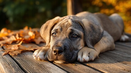 Adorable puppy resting on wooden deck