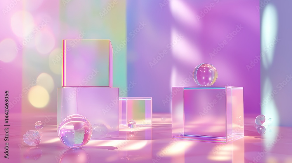 Poster colorful translucent shapes and spheres create a vibrant display in soft light