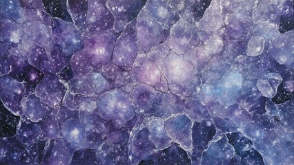 Obraz premium Fractured ice formations glow amethyst purple under indigo light, scattered across a dark cosmic background.