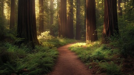 Obraz premium Serene redwood forest path sunlight dappled green lush nature trail hiking calm walk park trees woods