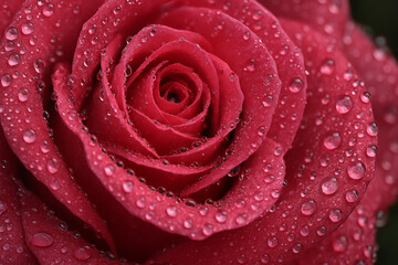 Extreme close-up of a red rose covered in morning dew, showcasing detailed texture and water droplets.