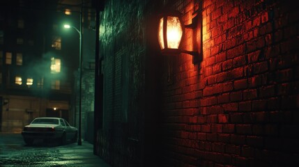 A dimly lit urban alleyway with street light and brick wall