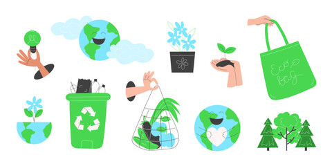 Flat Style Eco Elements Collection. Sustainable Resource Protection and Smart Consumption Icons for Earth Day and Environmental Awareness.