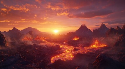 Fototapeta premium A fiery landscape of volcanic mountains during a beautiful sunset