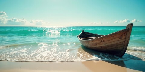 Fototapeta premium Wooden Rowboat on a Sandy Shore with Gentle Waves on a Sunny Day