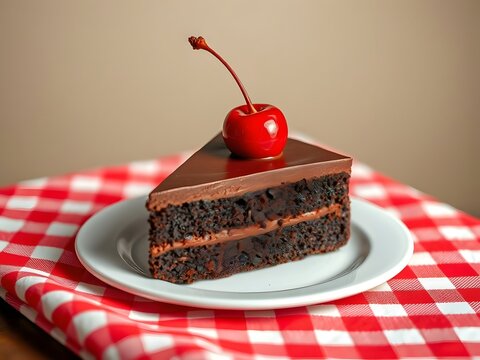 chocolate cake topped with red cherry on the red gingham fabric
