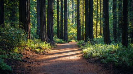 Fototapeta premium Serene redwood forest path sunlight dappled trail lush green ferns tranquil nature scene majestic trees