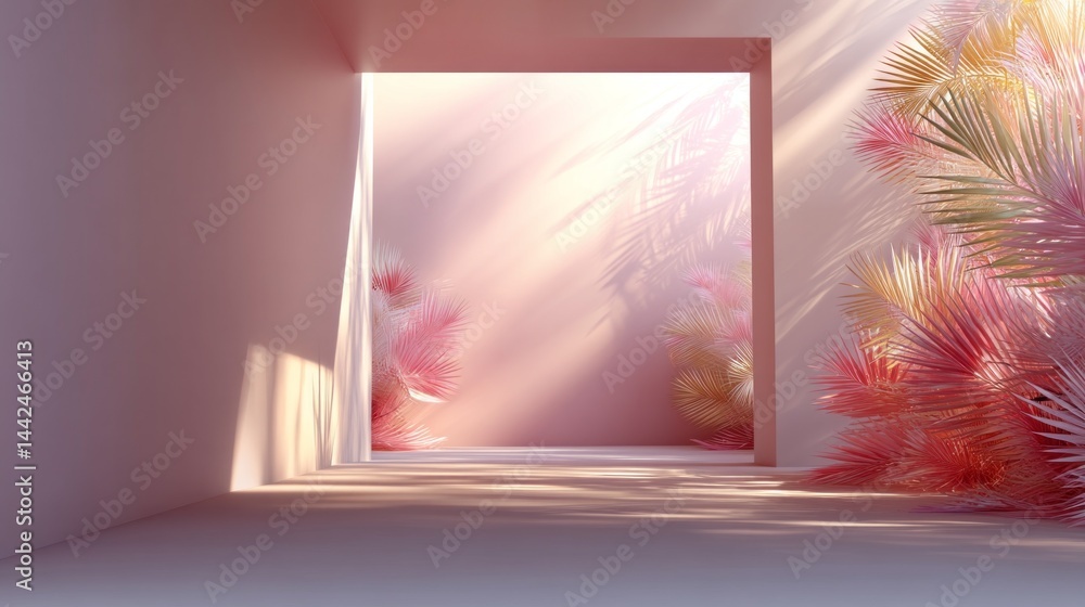 Poster soft pink hues fill a minimalist studio, creating a tranquil atmosphere. gentle shadows and colorful