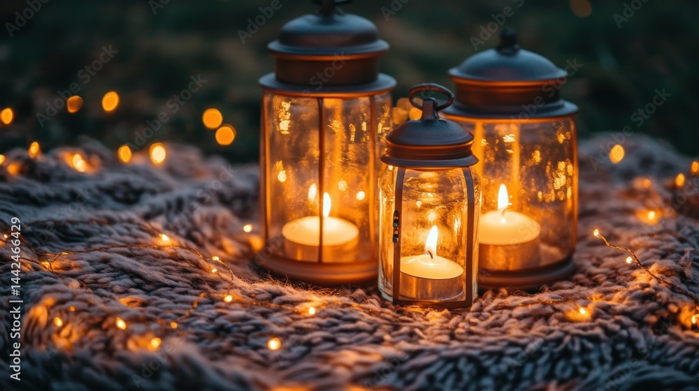 Poster three illuminated lanterns with candles resting on a cozy blanket setting