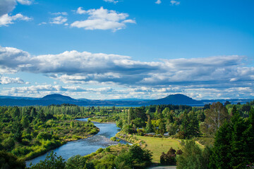 Estuary of Tongariro river near Lake Taupo. Magnificent mountains in the background. North Island Volcanic Plateau, New Zealand