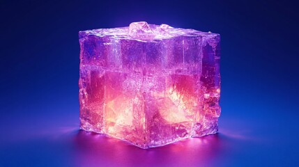 Captivating luminous crystal cube emanating a glowing light on deep blue backdrop