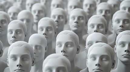 Obraz premium Endless seamless pattern of gray mannequin heads in perfect rows on a clean background, symbolizing faceless unity and symmetry, ideal for abstract design, conceptual art, or modern backdrops.