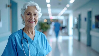 Portrait of a Smiling Senior Female Doctor in a Hospital Hallway