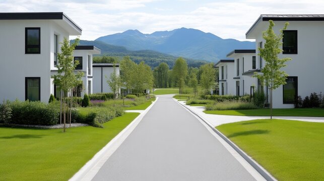 Modern Homes Mountain View, Lush Landscaping, Bright, High-Definition, Straight-on Wide Shot, Neat Landscaping, Suburban Serenity, Mountain Range Backdrop, Calm Neutral Tones, Real Estate Brochure