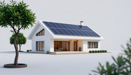 Create a high quality isolate image of a futuristic smart home featuring large integrated solar panels on a sloped, seamless roof, placed centrally against a pure white background (RGB 255, 255, 255)