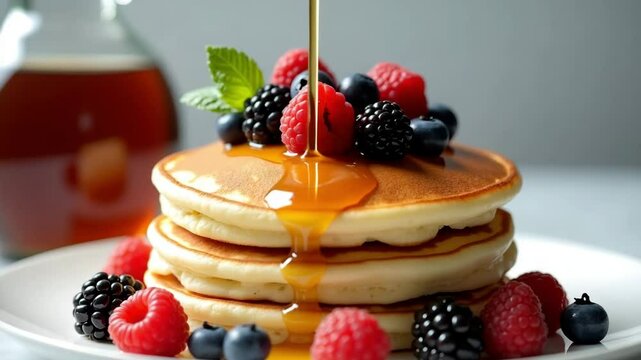 Slow Motion Pancake Stack with Syrup and Berries in Morning Light