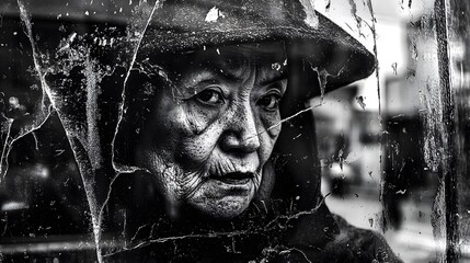 Monochrome Portrait of Elderly Woman Through Cracked Glass