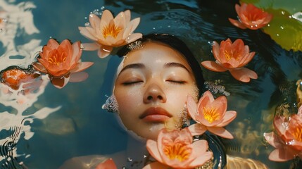 A young woman floats peacefully in water surrounded by flowers