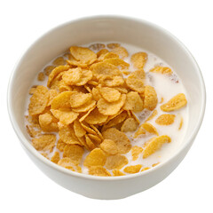 Corn flakes and milk in white bowl isolated in transparent background