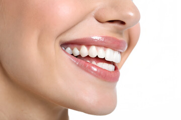Obraz premium Bright white smile of a young woman with a clear complexion