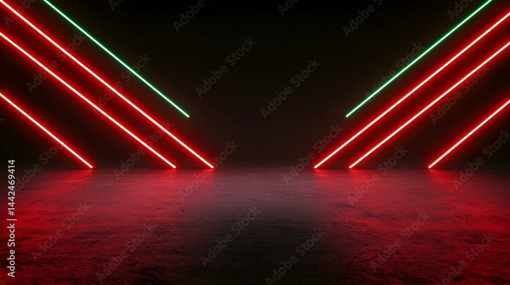 Poster the image contains two pairs of parallel neon lines; two red and two green, converging towards the c