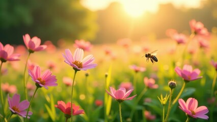 Fototapeta premium Golden Hour Pollination A single bee in flight over a field of delicate pink wildflowers bathed in the warm glow of the setting sun.