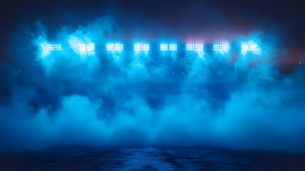 Fototapeta premium Illuminated Stadium with Intense Blue Mist and Powerful Lights Projecting Through Fog, Creating an Atmospheric Arena