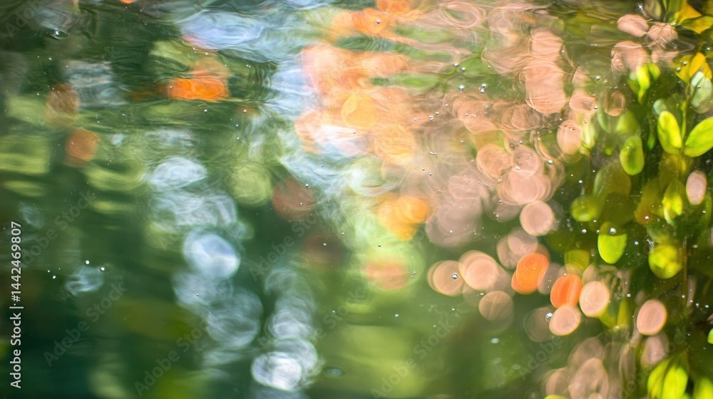 Poster light reflections create artistic patterns on water with greenery