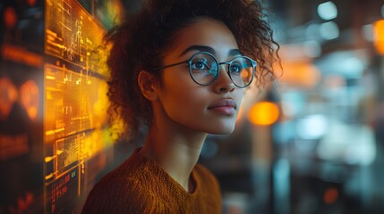 African woman with eyeglasses looks at complex glowing data display, thinking, studying, pondering information, futuristic interface