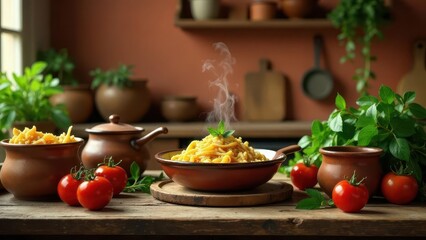 Aromatic Homemade Pasta Dish with Steaming Noodles Served in Rustic Earthenware Bowls on a Wooden Tabletop