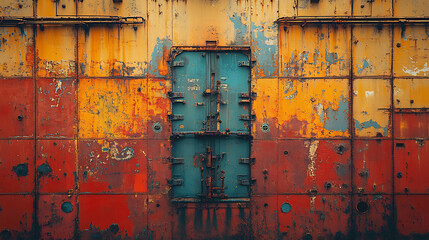 Weathered metal surface with a blue door revealing layers of rust and decay emphasizing industrial texture and abandoned structure aesthetic