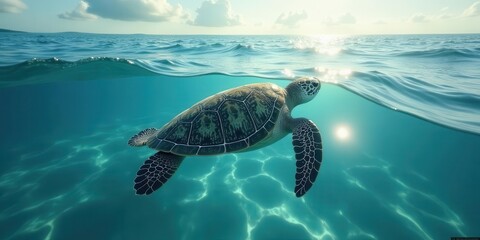 Obraz premium A sea turtle gracefully glides through the crystal-clear ocean water, sunlight filtering through the surface creating a mesmerizing underwater scene.