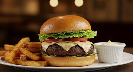Mouthwatering Gourmet Burger Served in Elegant Restaurant Ambience